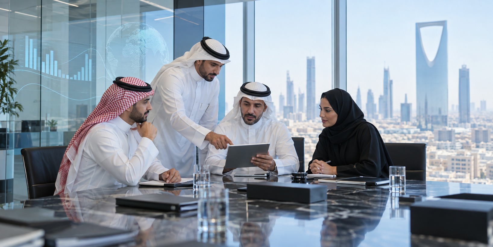 Saudi leadership team reviewing an enterprise AI strategy in Riyadh