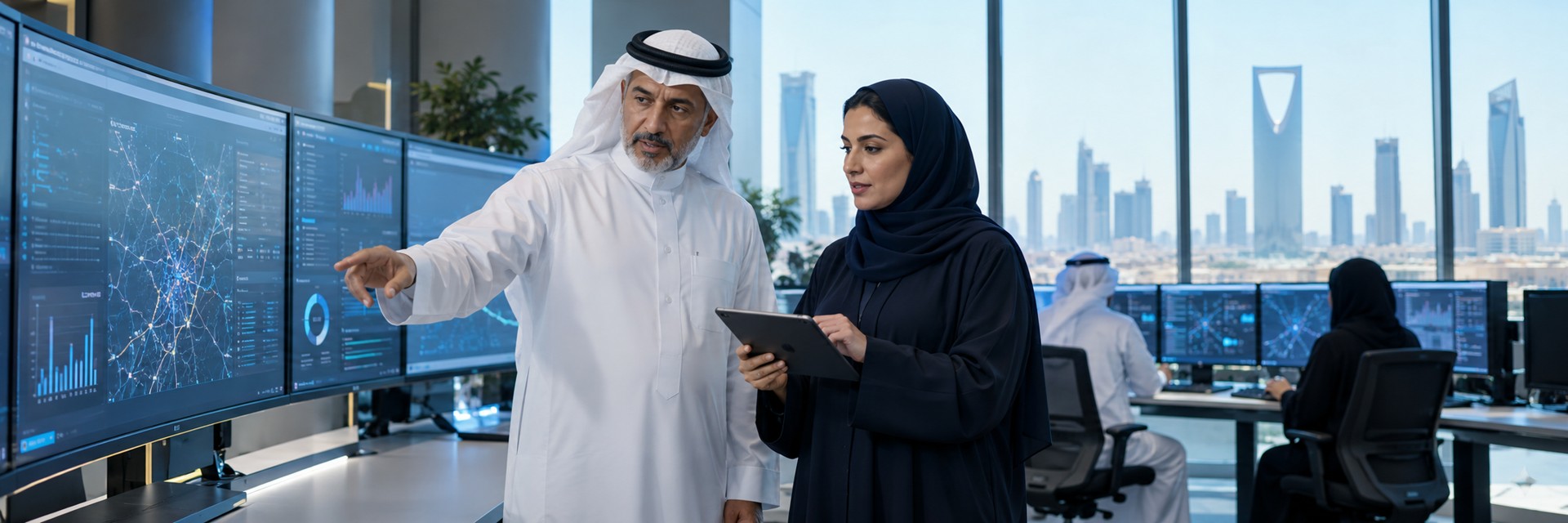 Saudi professionals reviewing digital systems in an enterprise operations room