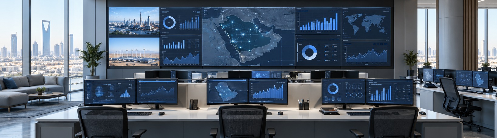Enterprise AI operations room displaying business performance and decision intelligence dashboards