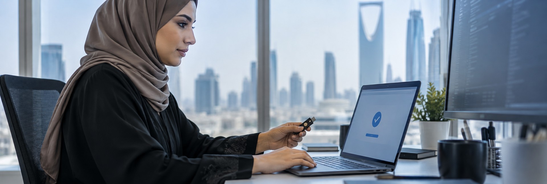 Saudi professional reviewing information at a workstation