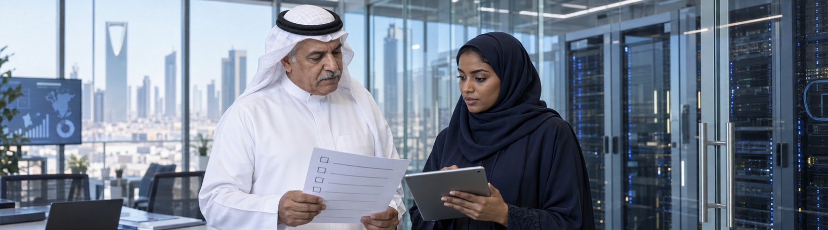 Saudi leaders reviewing an enterprise AI maturity assessment and evidence checklist