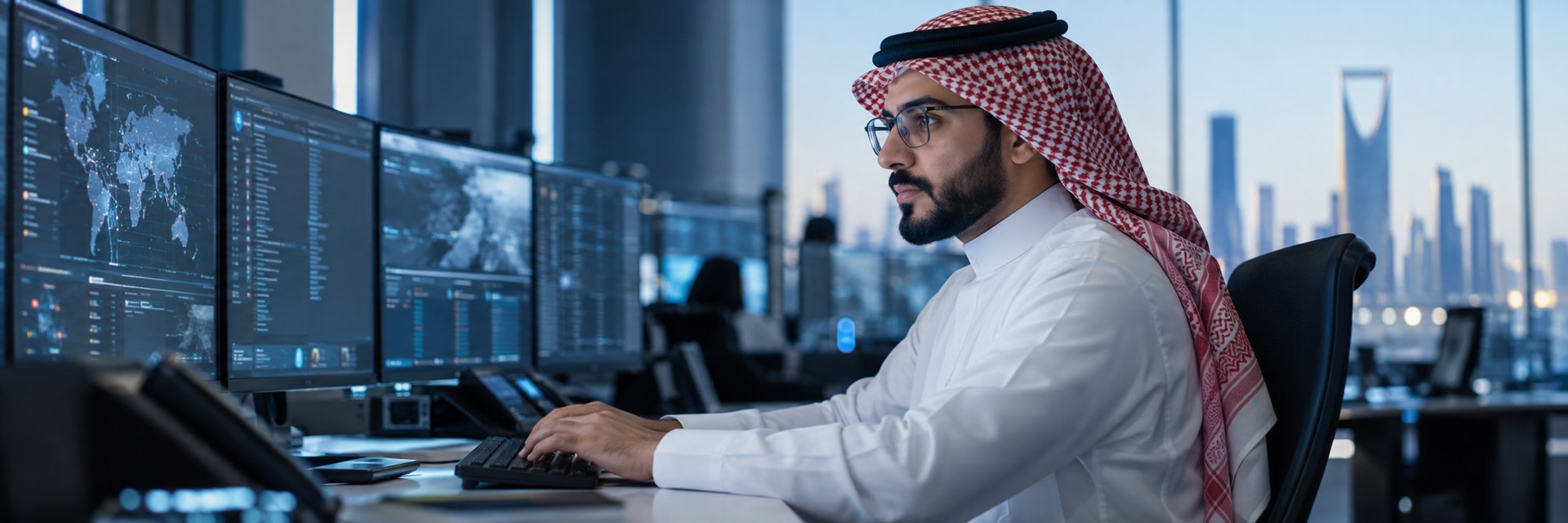 Saudi IT professional monitoring security dashboards
