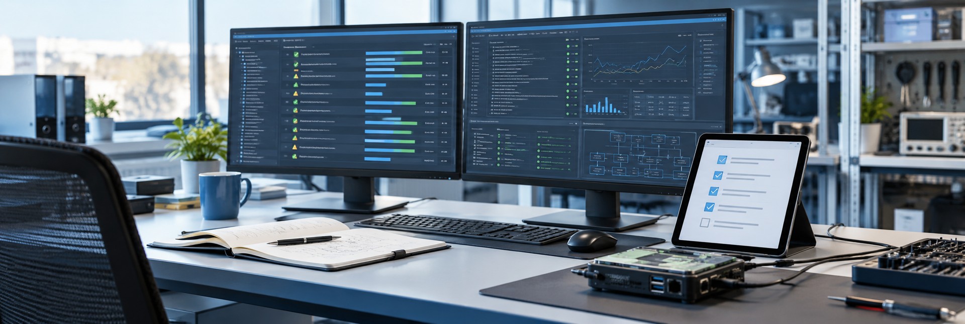 Workstations displaying software testing and monitoring information
