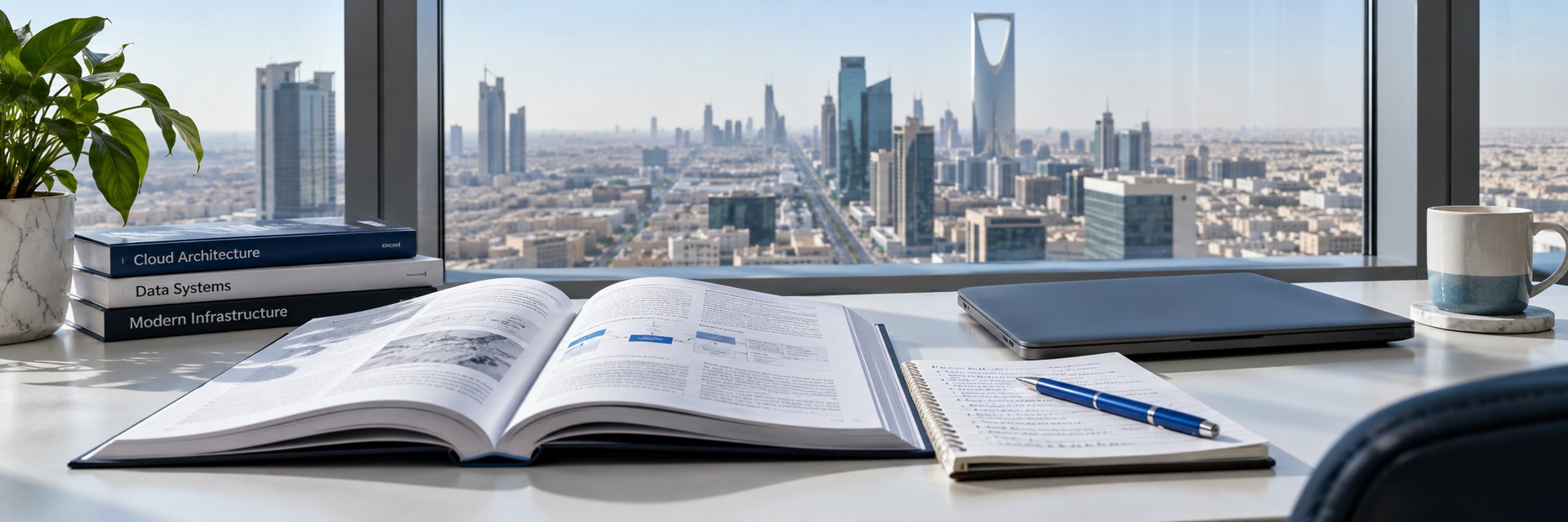 Research documents and laptop overlooking a city skyline