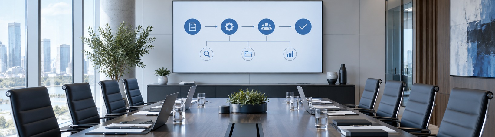 Enterprise governance meeting room with an AI decision workflow displayed on screen
