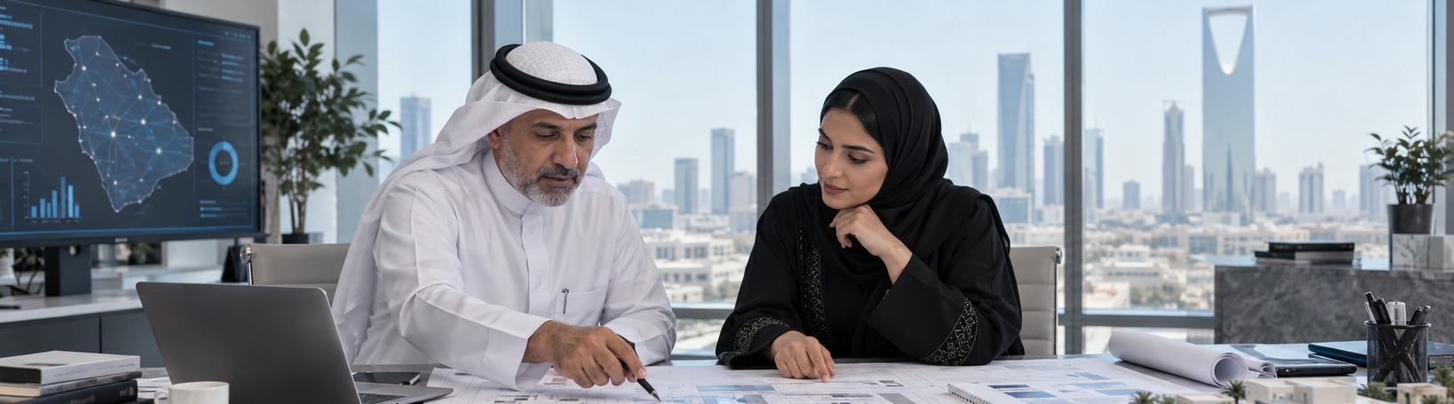 Two professionals in Saudi attire reviewing enterprise AI planning documents