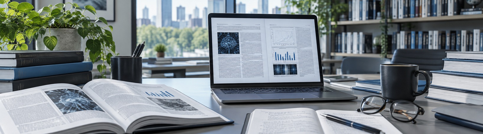 Enterprise AI research materials, reports and digital evidence on a professional desk