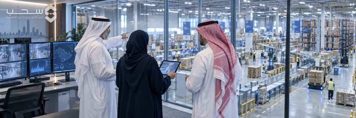 مهنيون سعوديون يراجعون عمليات مصنع من غرفة تحكم.