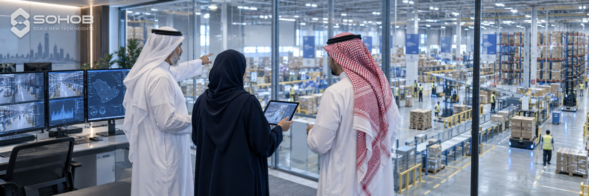 Saudi professionals reviewing factory operations from a control room.