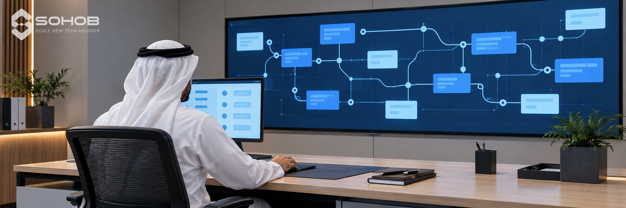 Saudi professional reviewing a digital workflow on a large screen.
