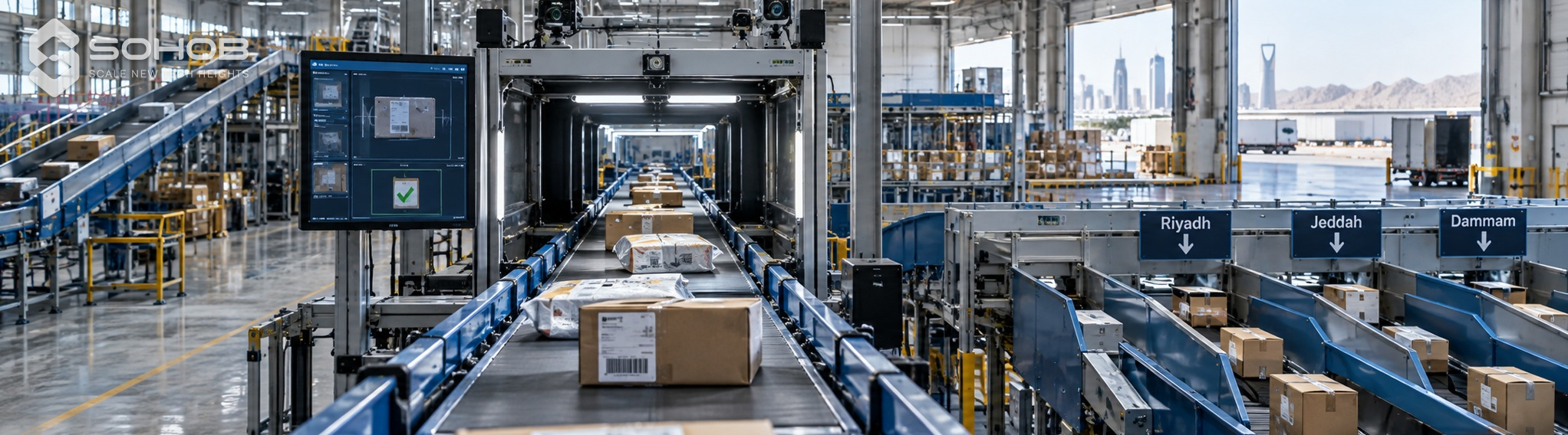 Automated conveyor and parcel handling equipment in a logistics facility.