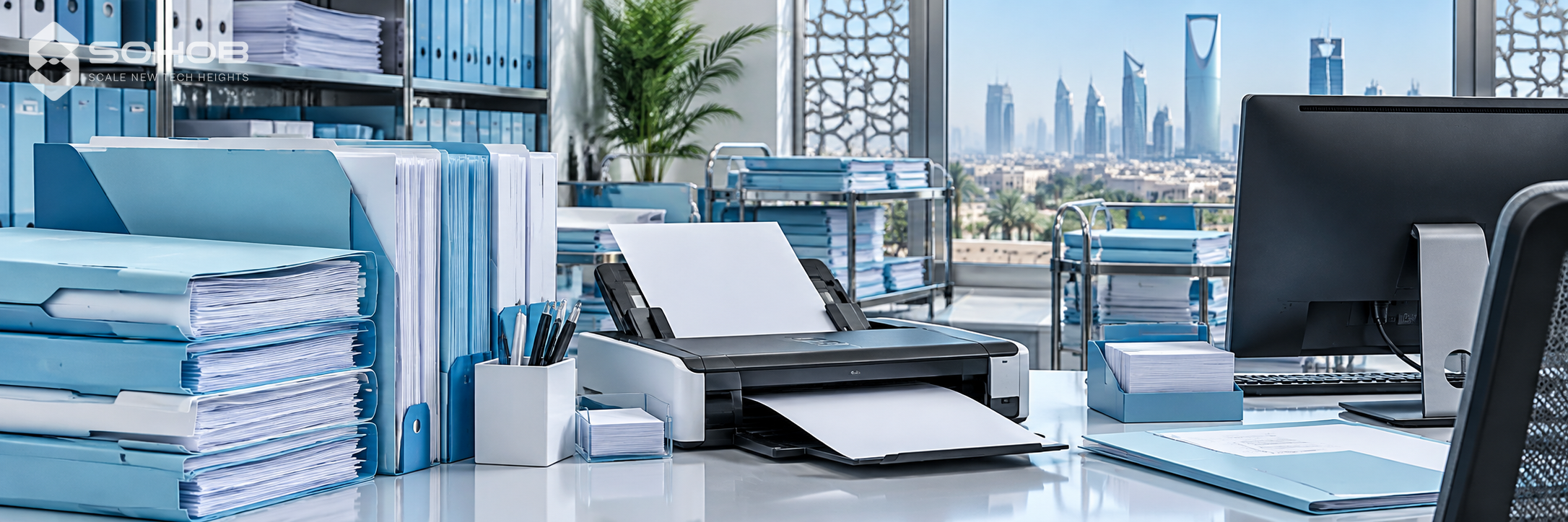 Office documents, a scanner and a computer overlooking the Riyadh skyline.