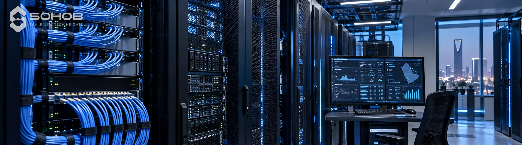Server racks and network cabling in a data center.