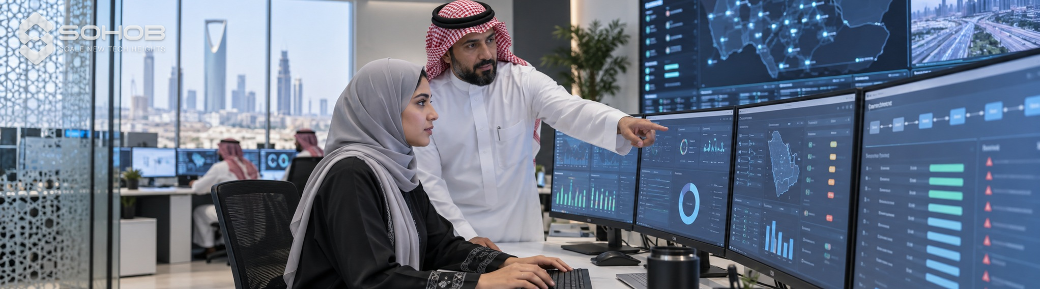 Saudi technology professionals reviewing operational monitoring screens.