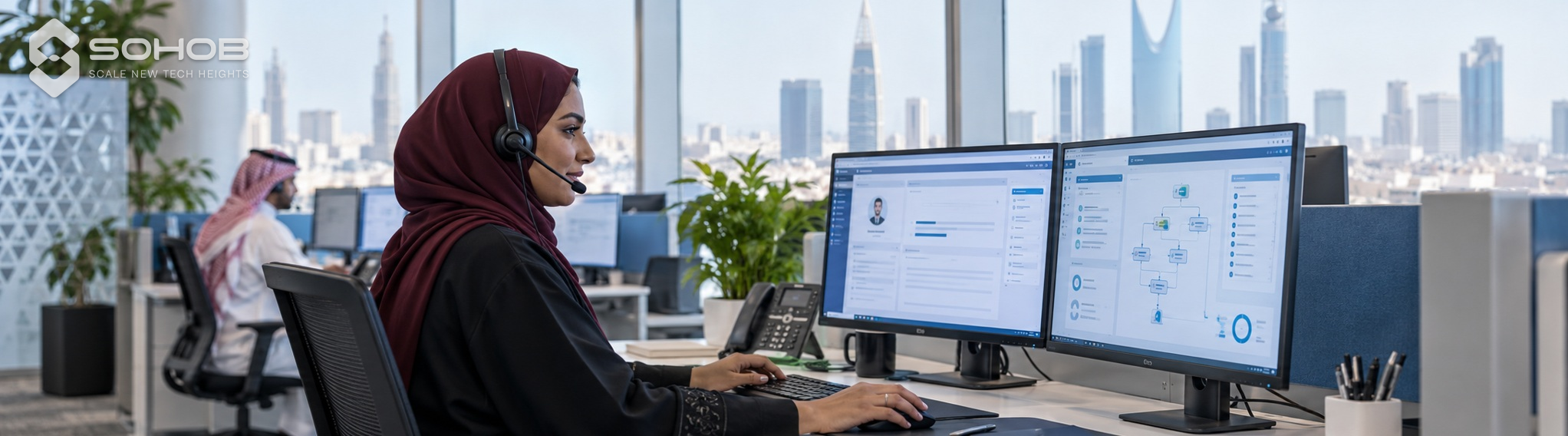 A customer service professional using a headset and desktop systems.