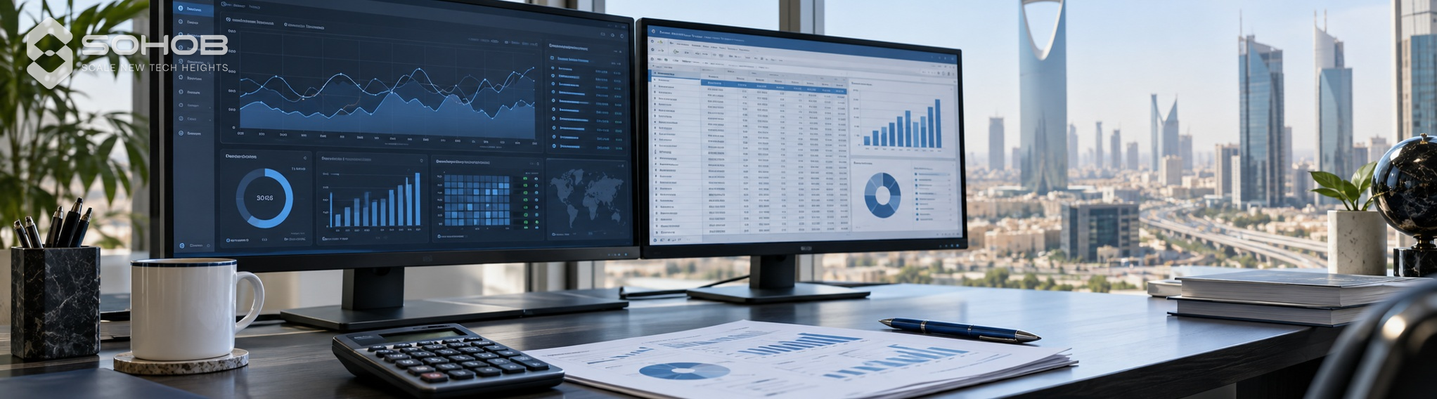 Performance dashboards and financial documents in an office workspace.