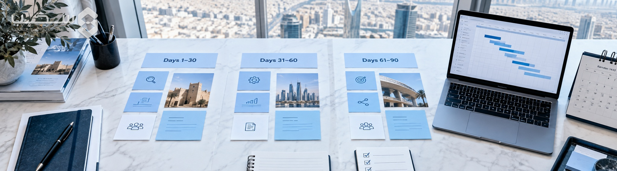أوراق تخطيط مرحلي بجانب حاسوب محمول ودفتر ملاحظات.