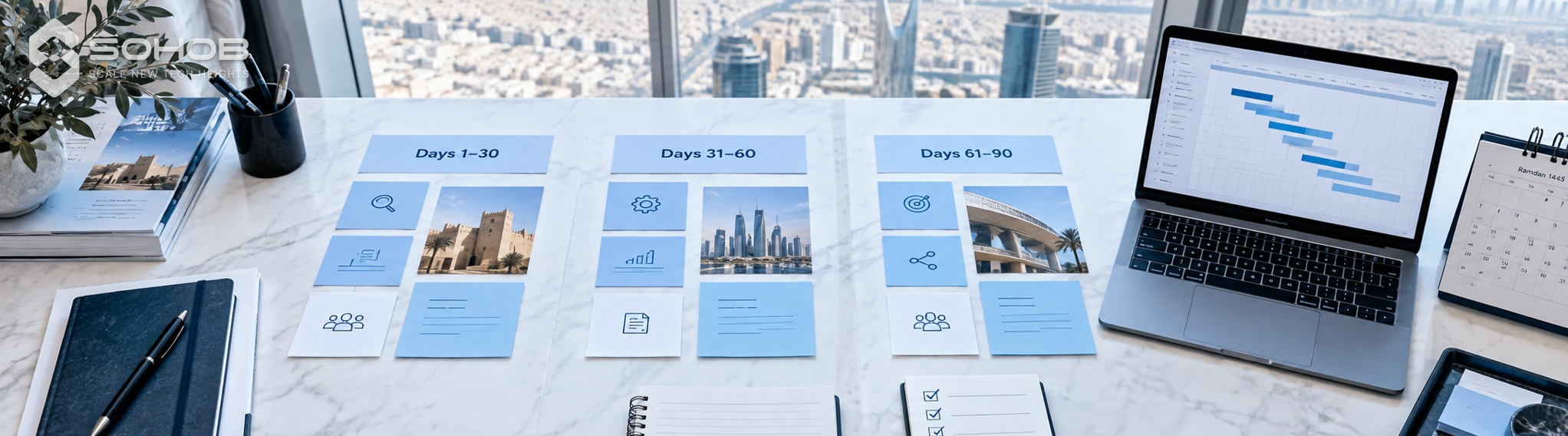 Printed phased planning sheets beside a laptop and notebook.